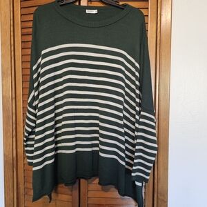 Forest Green and White Striped Women's Sweater